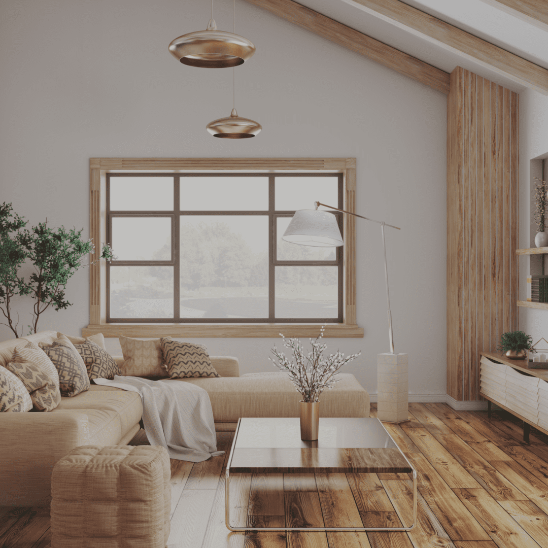 A living room with wood floors and white walls.